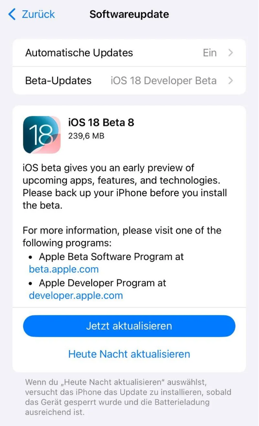 韶山苹果手机维修分享苹果 iOS / iPadOS 18 开发者预览版 Beta 8 发布 